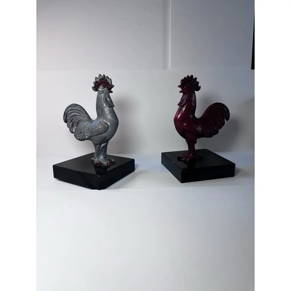 Vintage Rooster Bookends Red Silver Farmhouse French Country Kitchen Decor Heavy